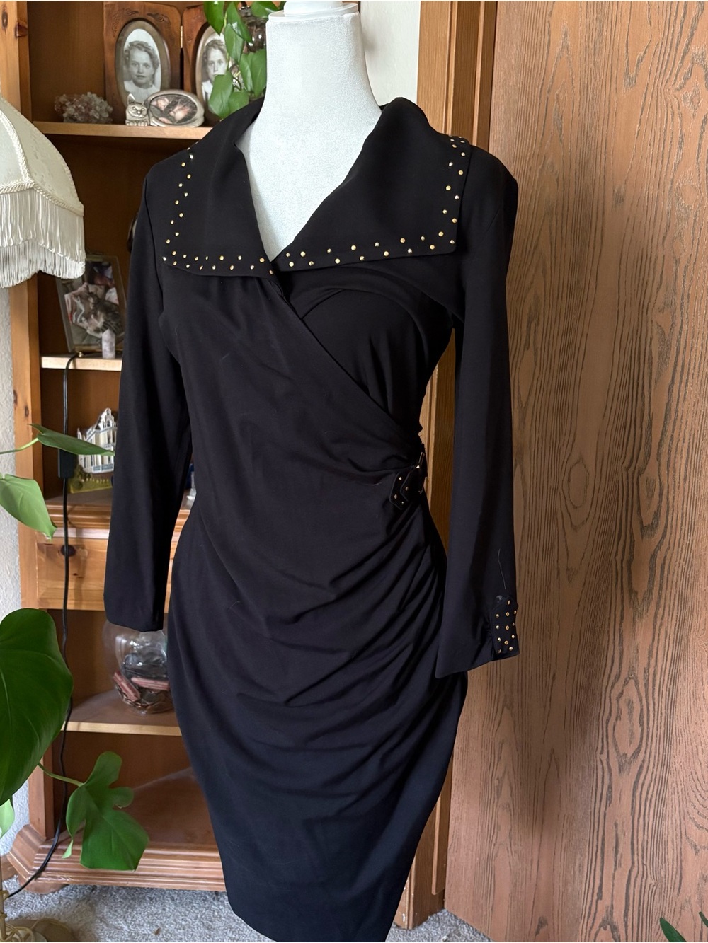 Cache Black Long-Sleeve Stud-Trim Wrap Dress